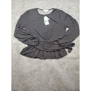 NWT Michael Kors Womens Large Black Ruffled Printed Long Sleeve Keyhole Wrap Top